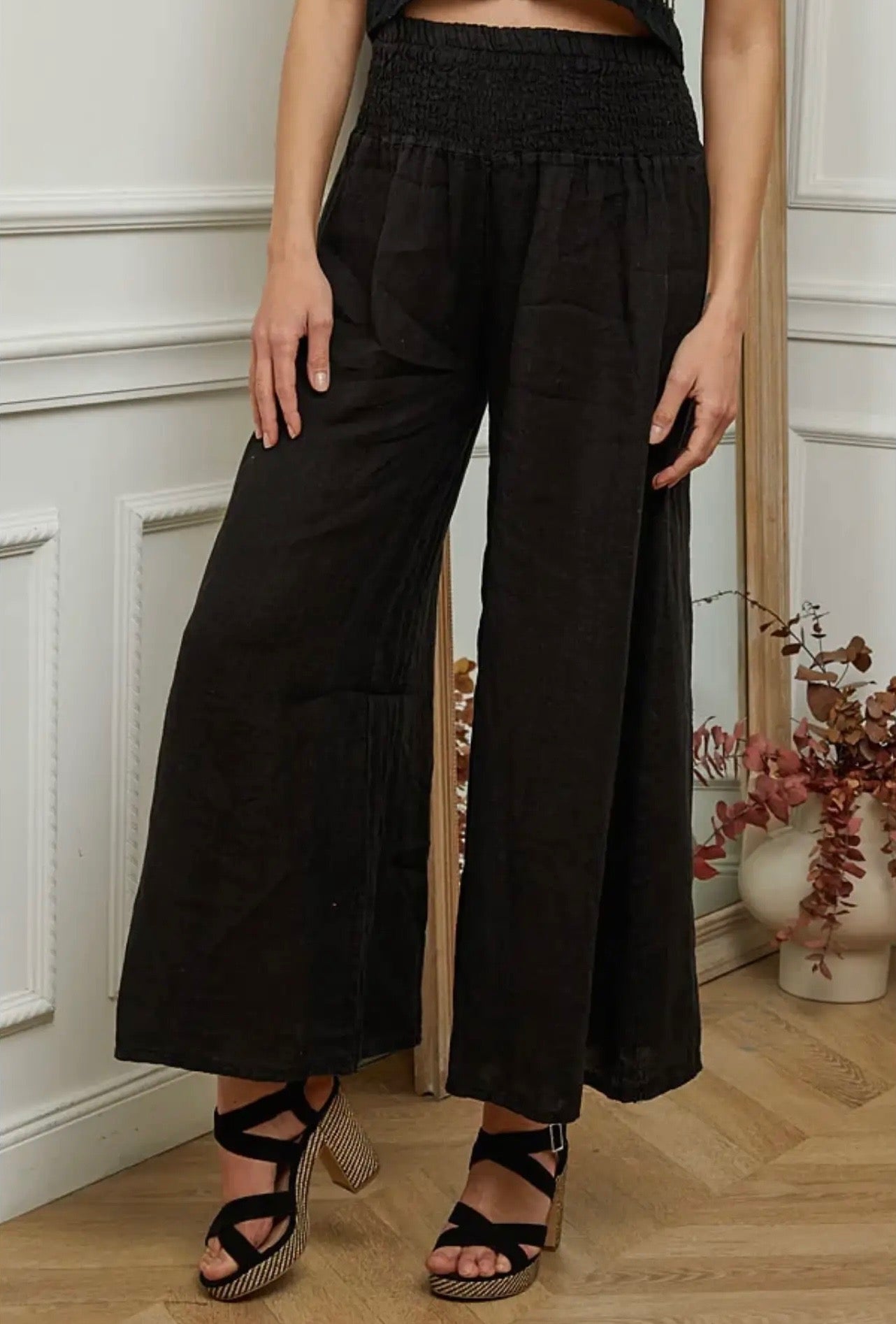 Black Linen Wide Leg Trousers